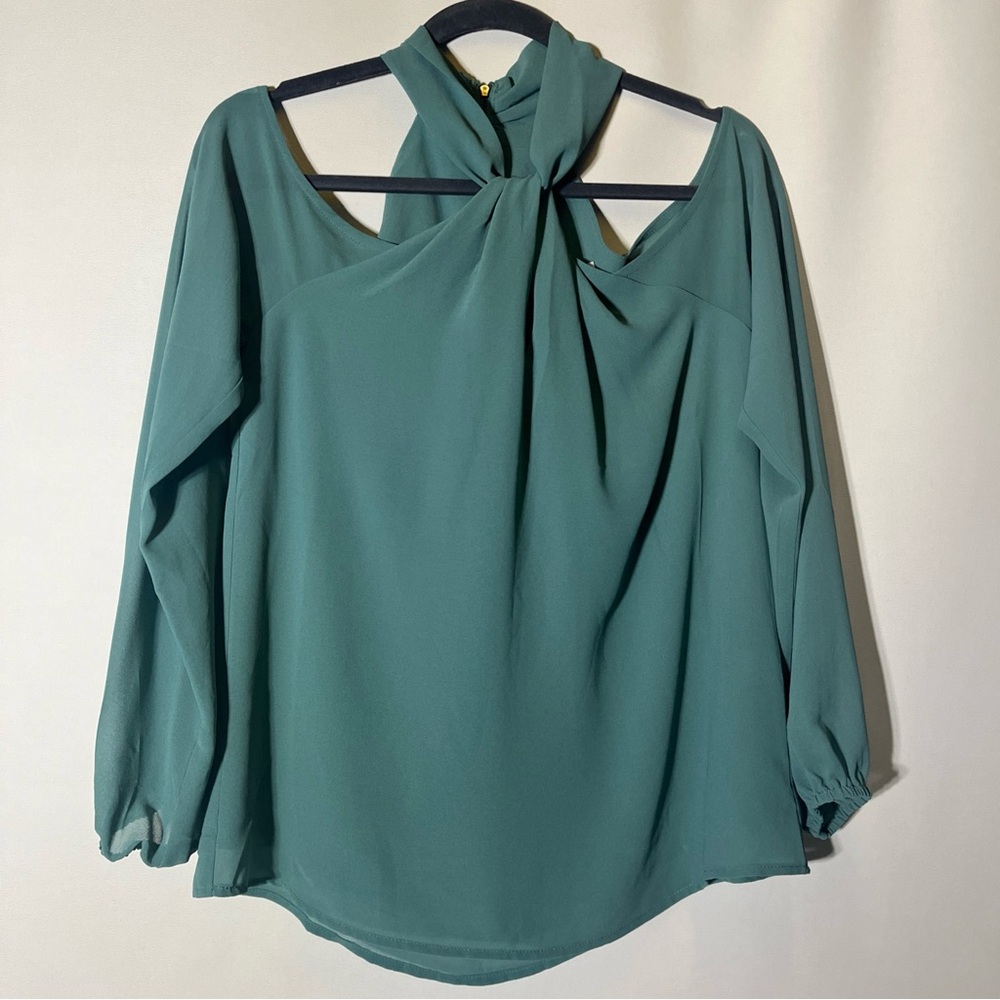 Naked Zebra Seafoam Green Tie Front Blouse Cutout Shoulder